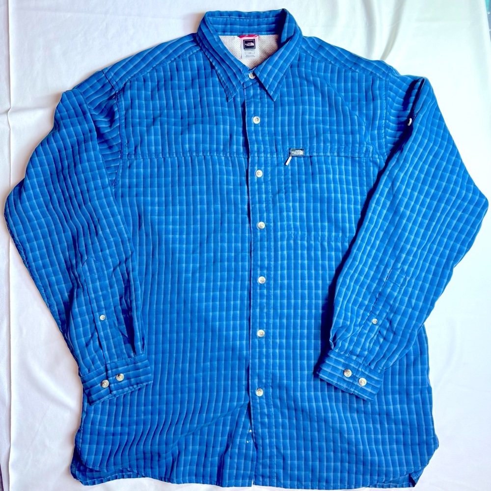 The North Face Mens Blue Plaid Button Down Shirt Sz Large Fishing Hiking